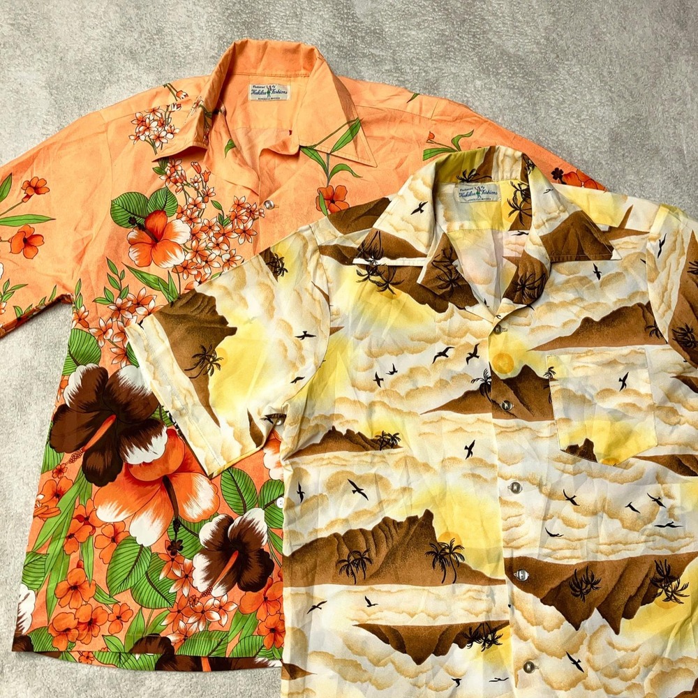 Vintage 70s Lot of 2 Hukilau Fashions Hawaiian Aloha Shirt Floral Poly Mens L/XL